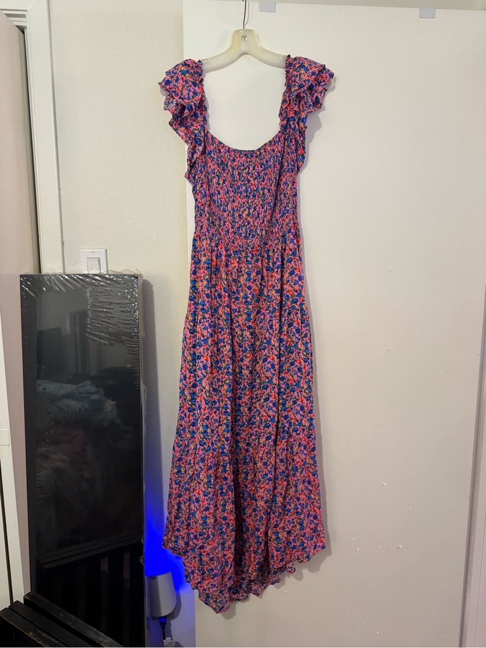 Floral Ruffle Sleeve Maxi Dress - Pink & Blue